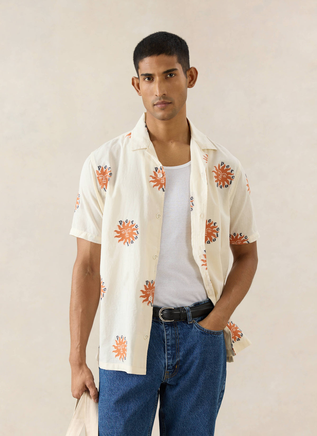 Men's Sun Cuban Shirt - Cream and Orange - 100% Cotton | Percival Customer Favorite