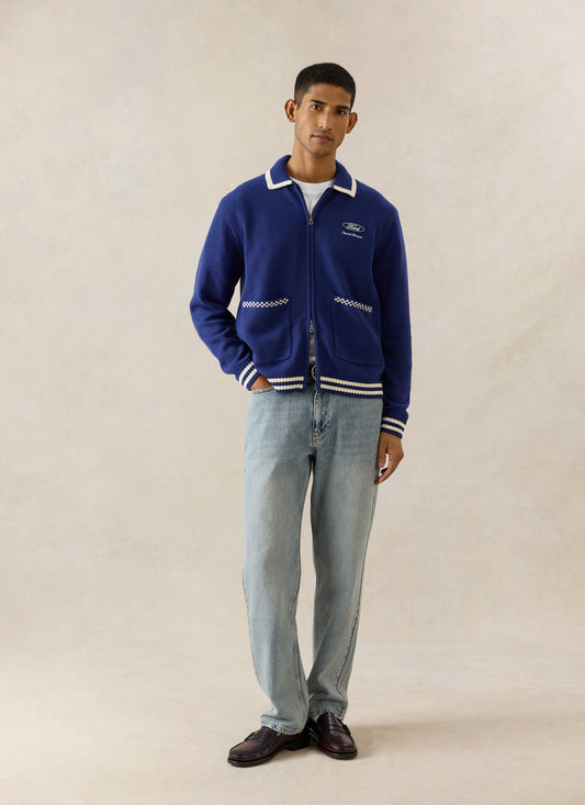 Men's Embroidered Zip Cardigan - Ford x Percival - Blue - Cotton | Percival Smart Buy