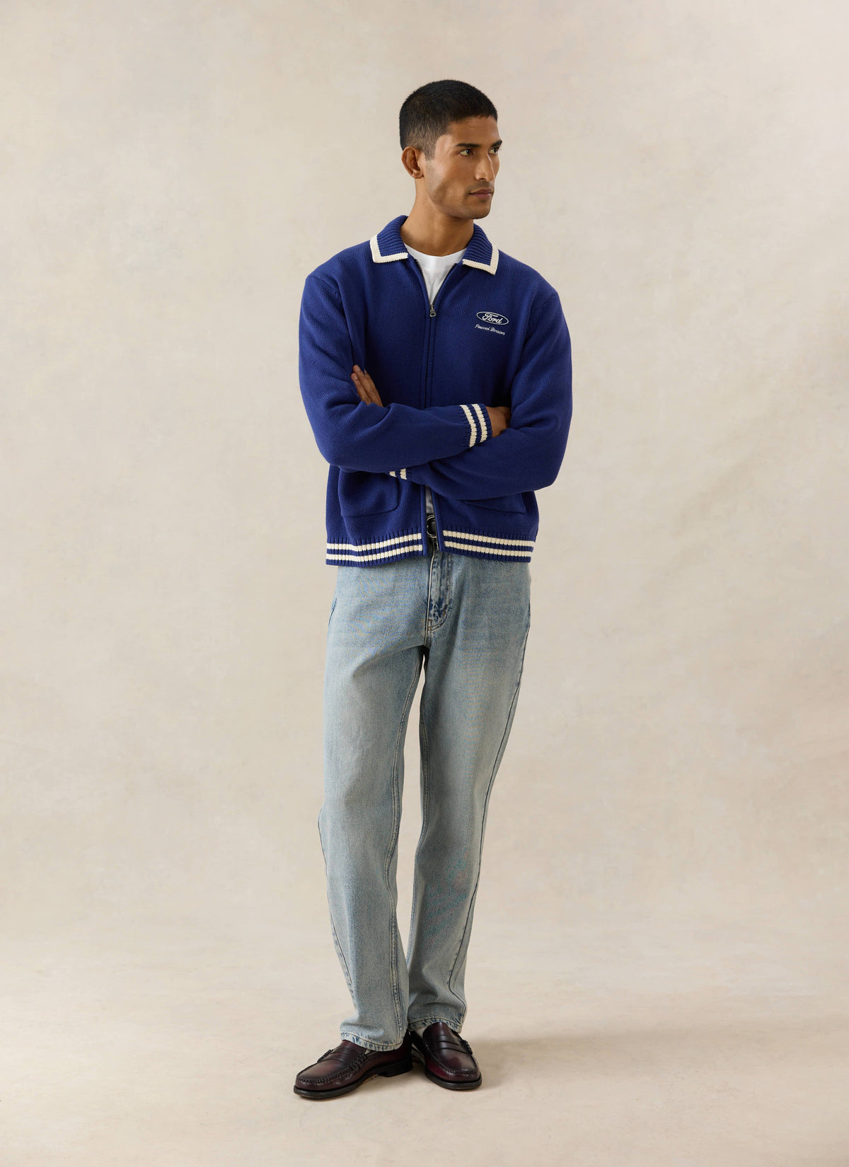 Men's Embroidered Zip Cardigan - Ford x Percival - Blue - Cotton | Percival Smart Buy