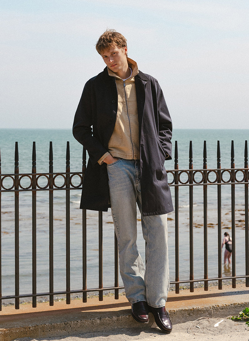 Men's Black Waterproof Long Trench Coat - Cord Collar - Percival | Percival Premium