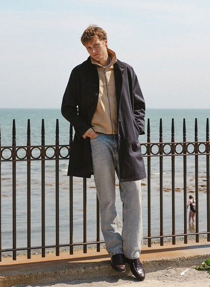 Men's Black Waterproof Long Trench Coat - Cord Collar - Percival | Percival Premium