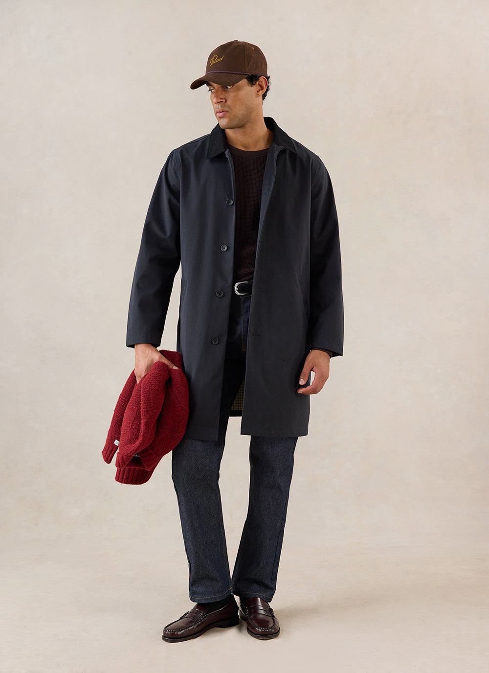 Men's Black Waterproof Long Trench Coat - Cord Collar - Percival | Percival Premium
