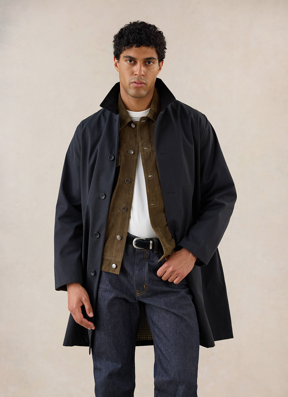 Men's Black Waterproof Long Trench Coat - Cord Collar - Percival | Percival Premium