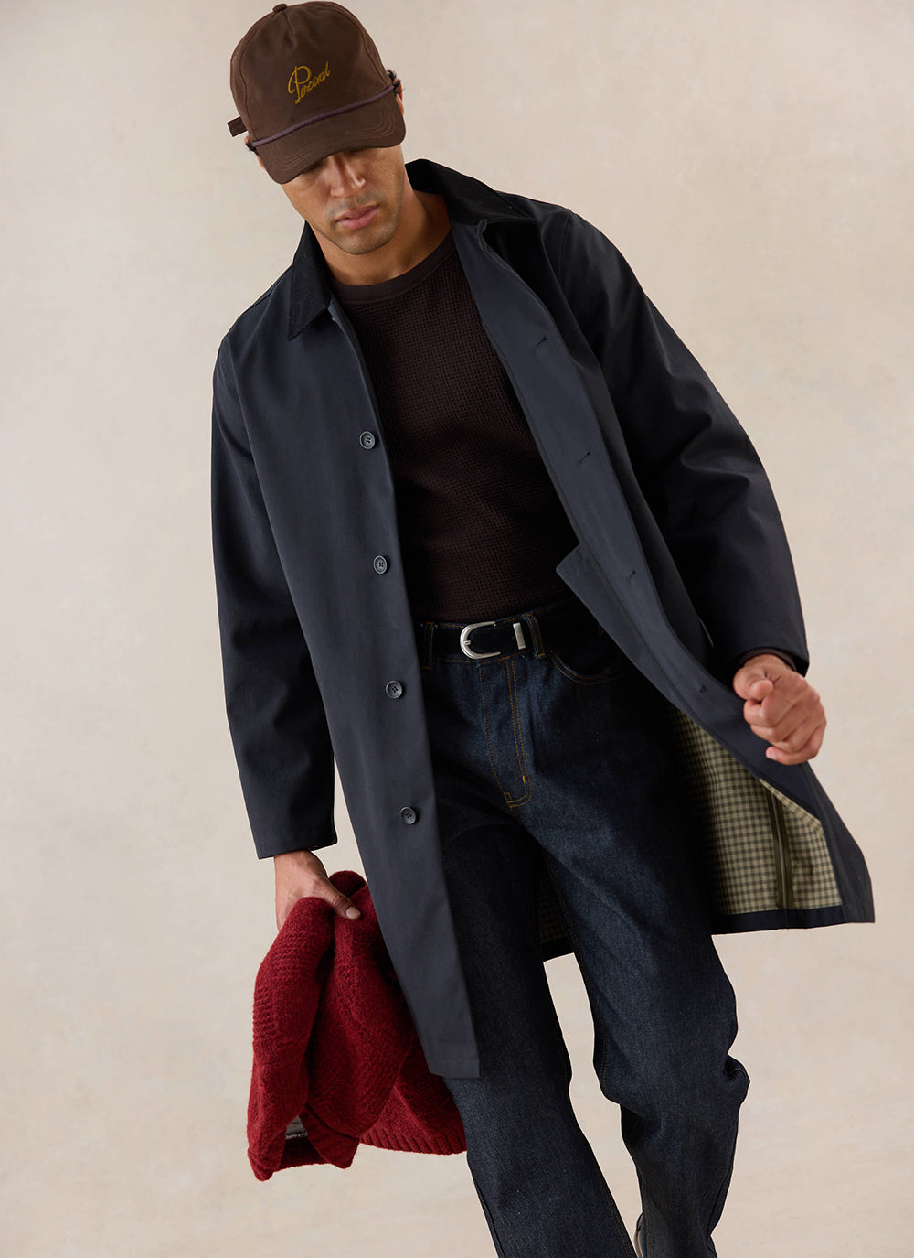 Men's Black Waterproof Long Trench Coat - Cord Collar - Percival | Percival Premium