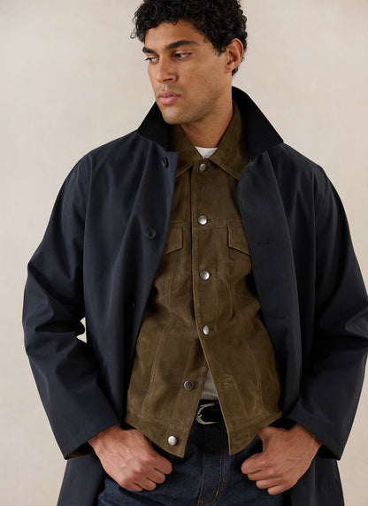 Men's Black Waterproof Long Trench Coat - Cord Collar - Percival | Percival Premium