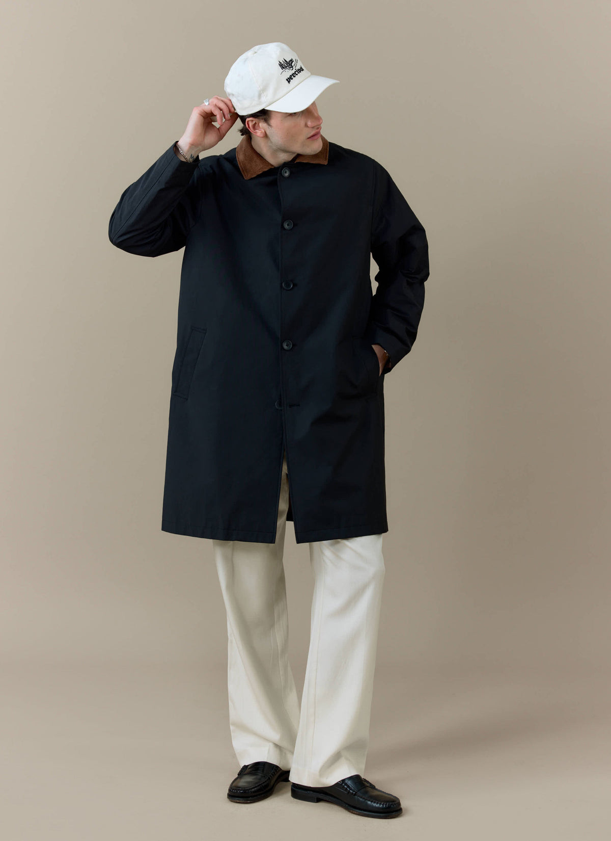 Men's Black Trench Coat - Cord Collar - Cotton | Percival Popular
