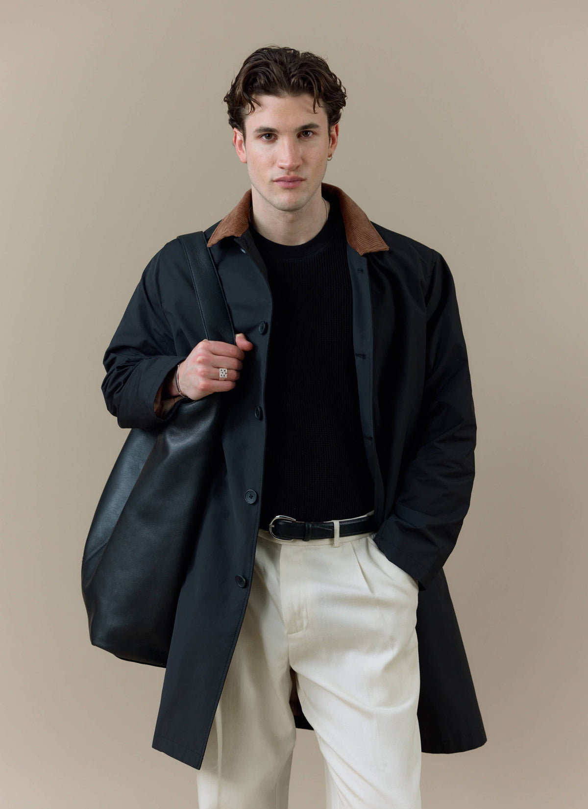 Men's Black Trench Coat - Cord Collar - Cotton | Percival Popular