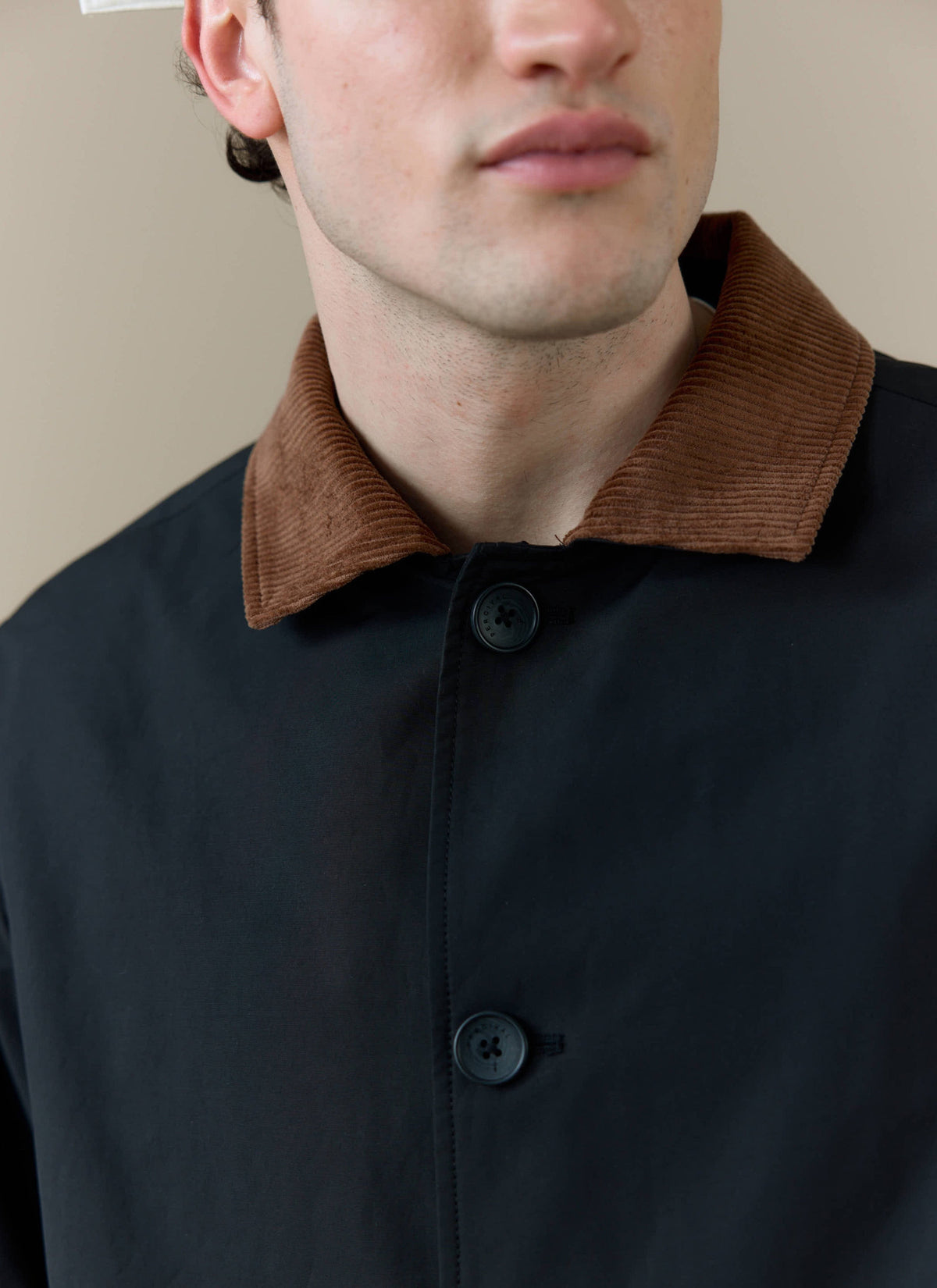 Men's Black Trench Coat - Cord Collar - Cotton | Percival Popular