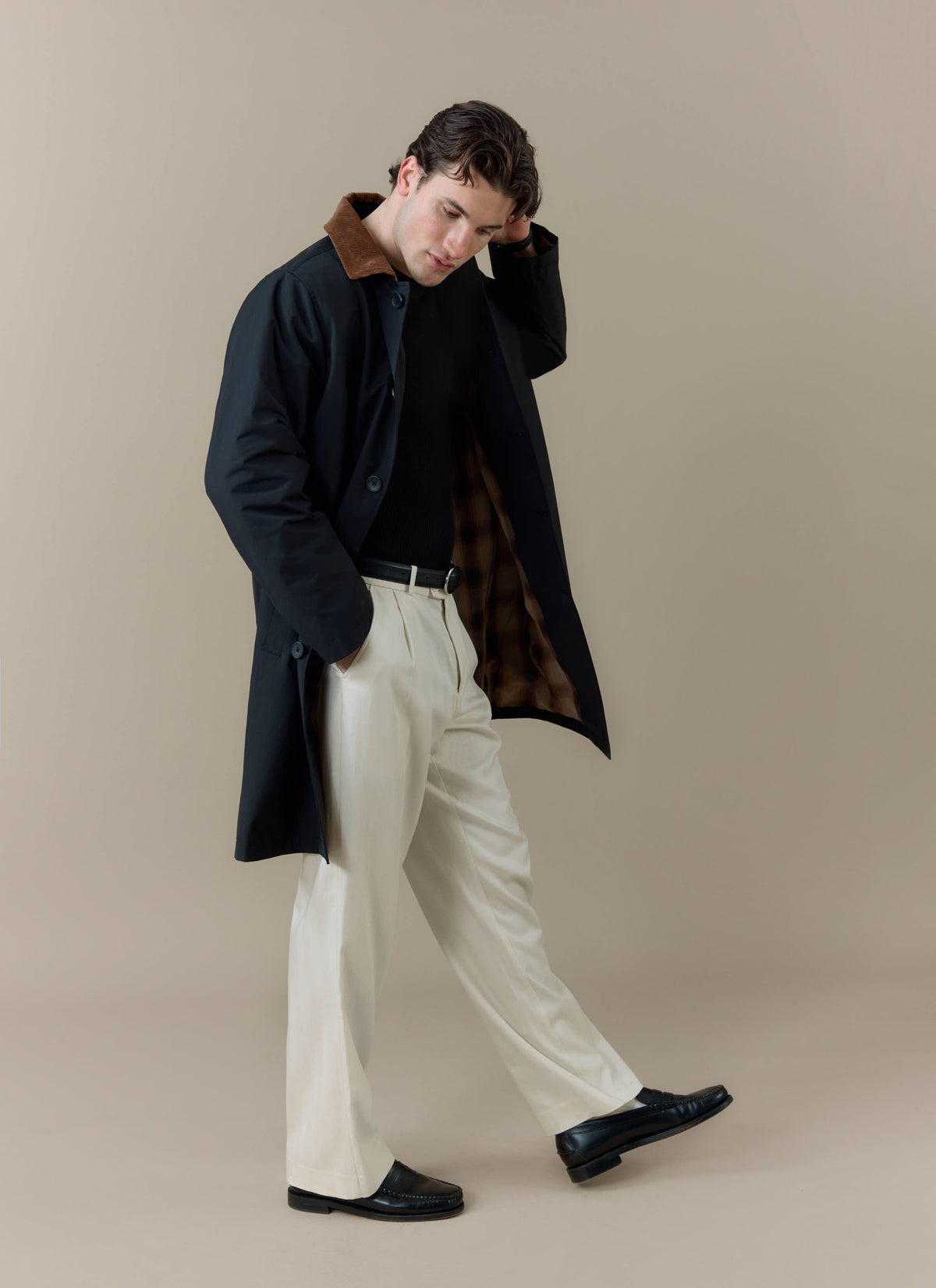 Men's Black Trench Coat - Cord Collar - Cotton | Percival Popular