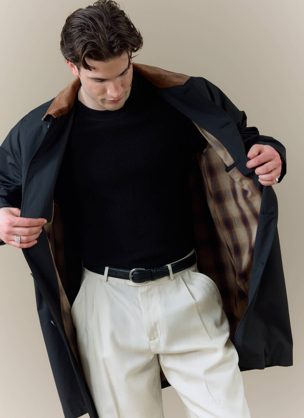 Men's Black Trench Coat - Cord Collar - Cotton | Percival Popular