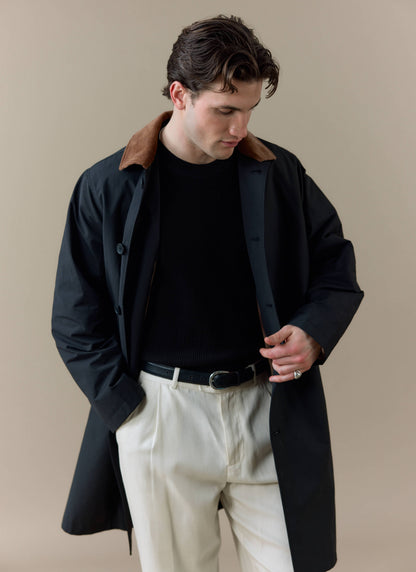 Men's Black Trench Coat - Cord Collar - Cotton | Percival Popular