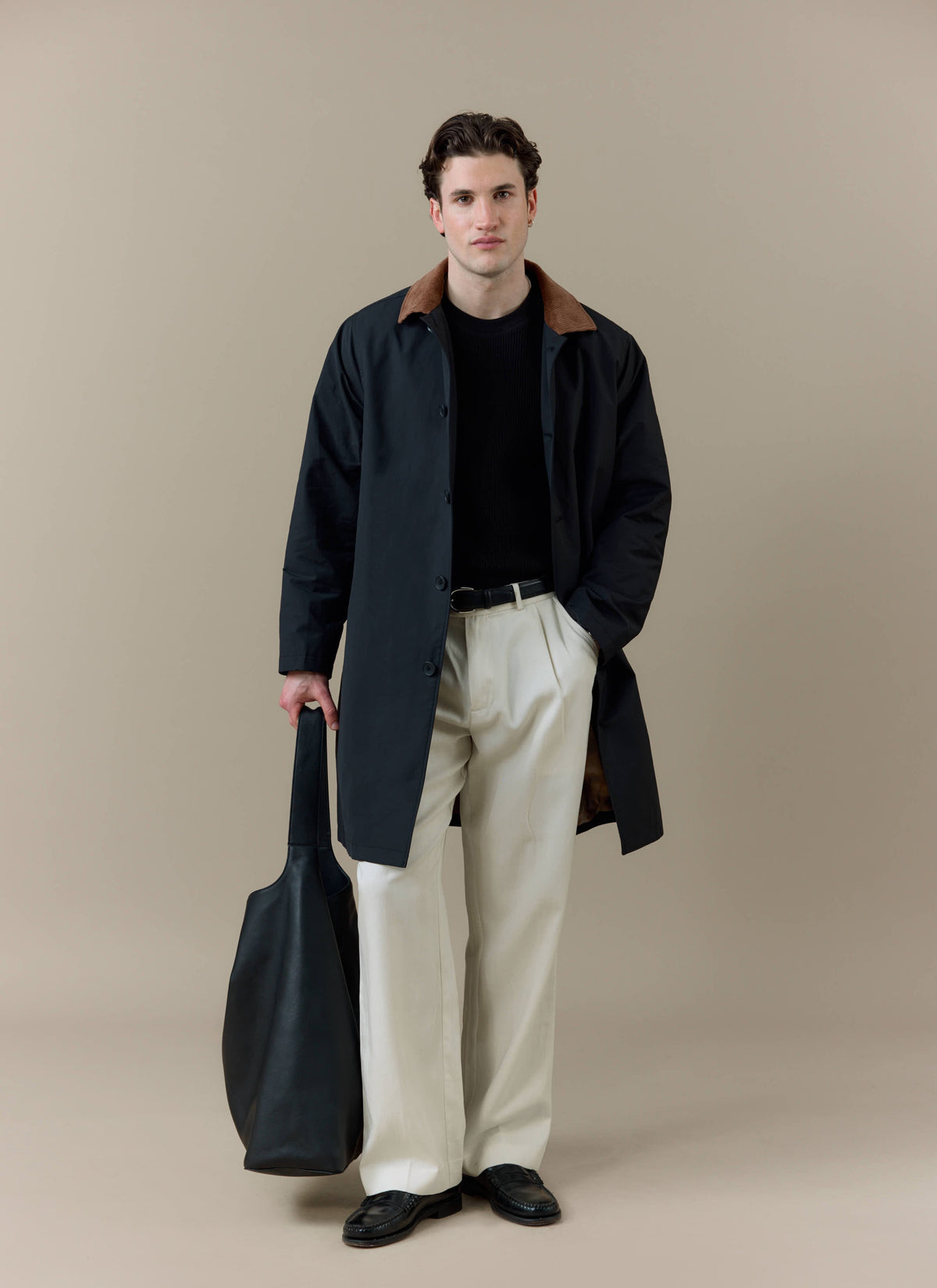 Men's Black Trench Coat - Cord Collar - Cotton | Percival Popular