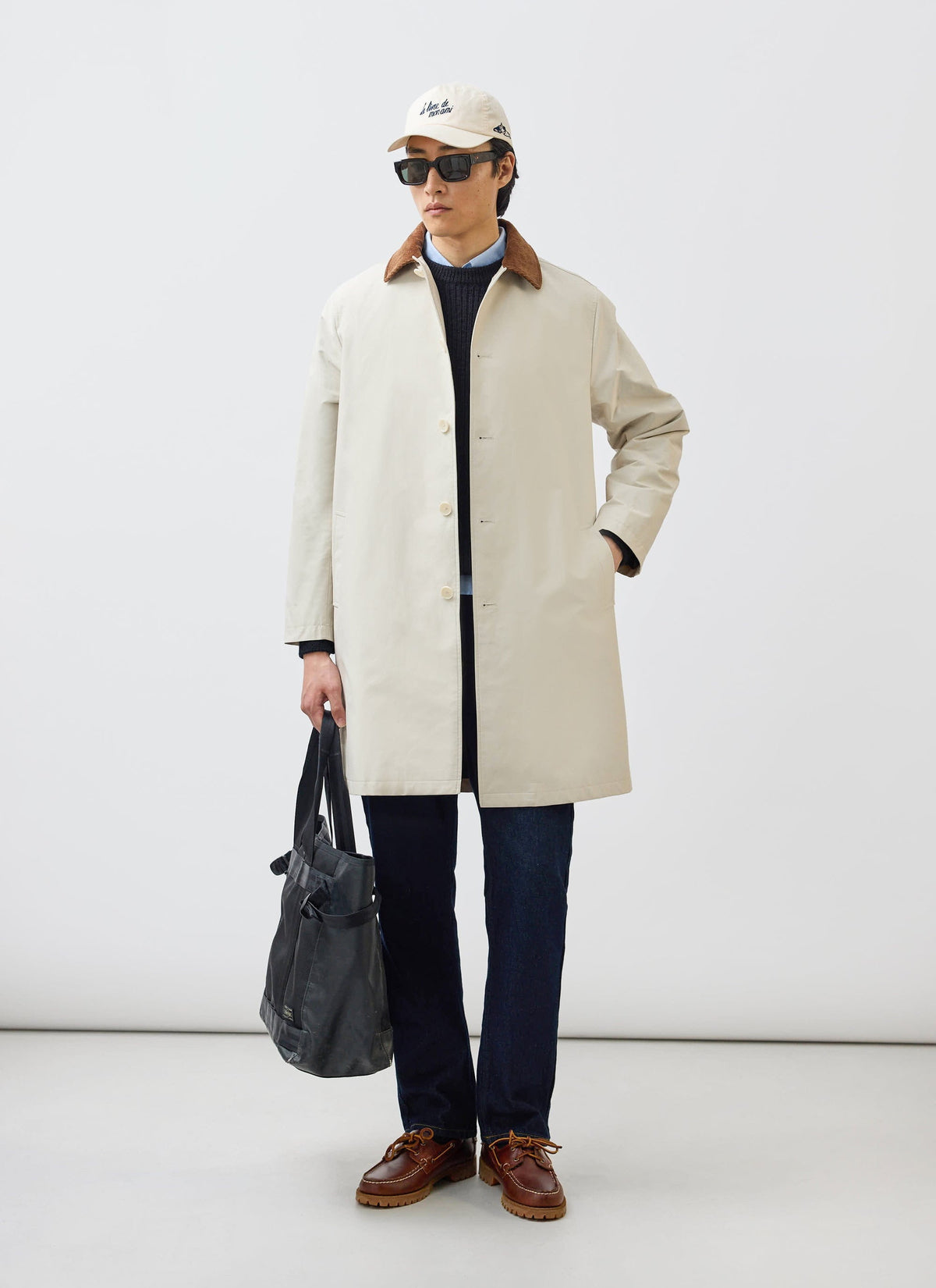 Men's Contrast Collar Long Trench Coat - Cotton - Cream | Percival Popular