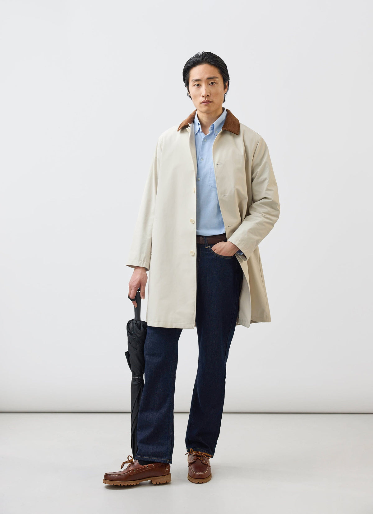 Men's Contrast Collar Long Trench Coat - Cotton - Cream | Percival Popular