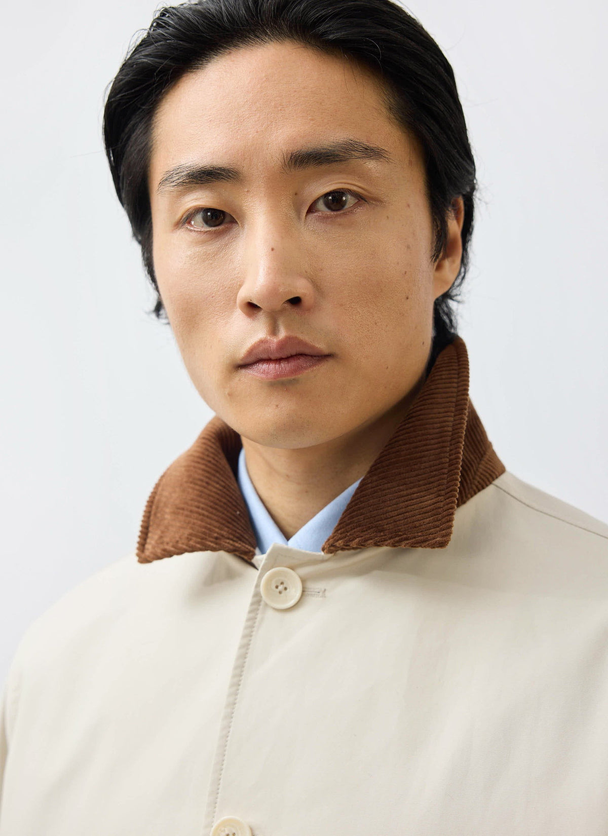 Men's Contrast Collar Long Trench Coat - Cotton - Cream | Percival Popular