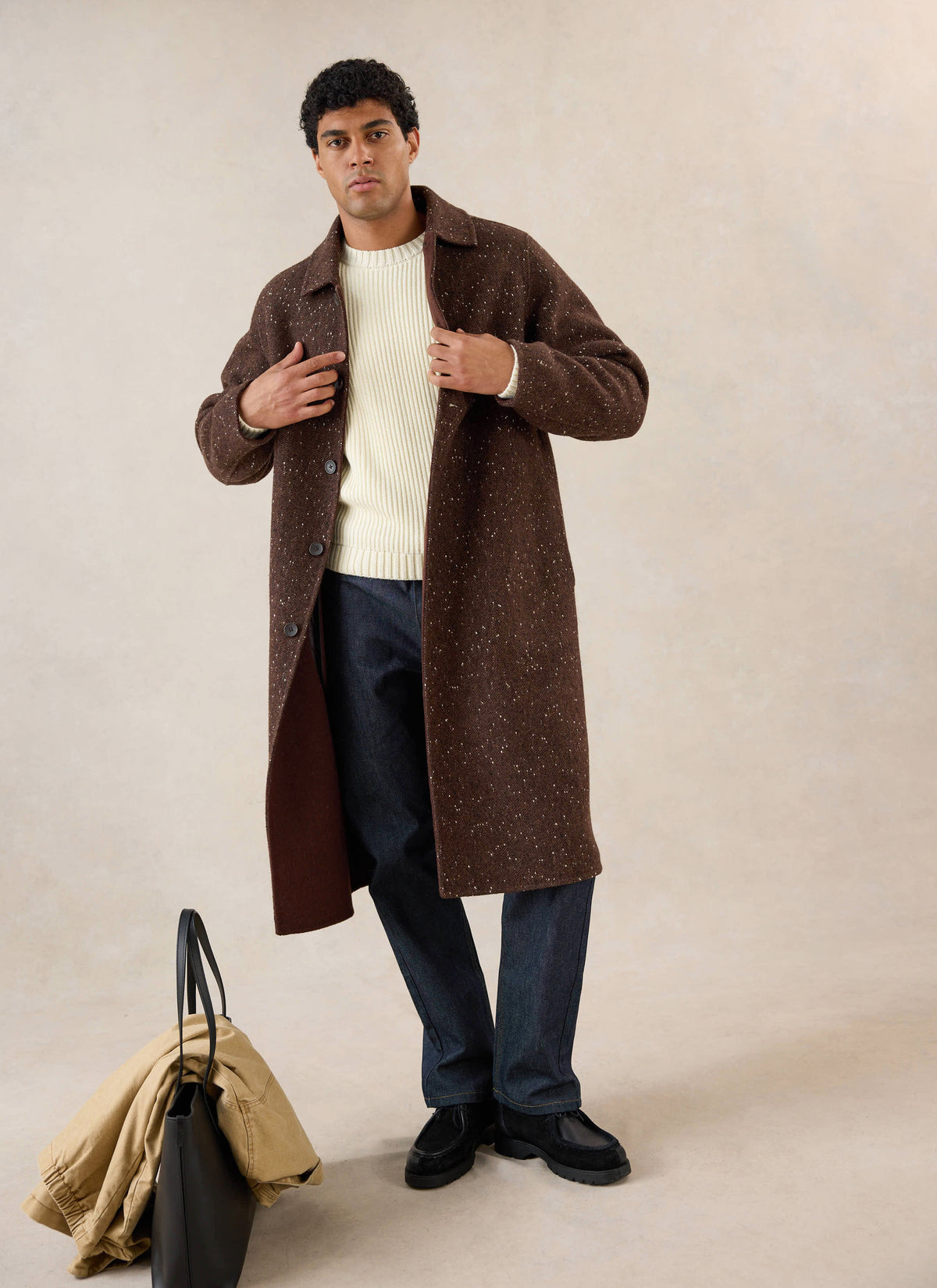 Men's Long Overcoat - Minnesota - Brown Fleck Twill - Percival | Percival Popular