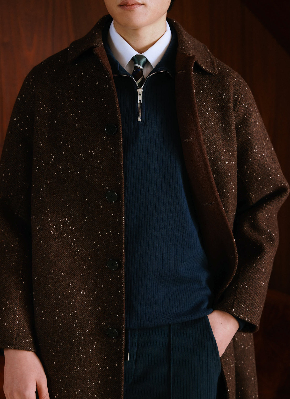Men's Long Overcoat - Minnesota - Brown Fleck Twill - Percival | Percival Popular