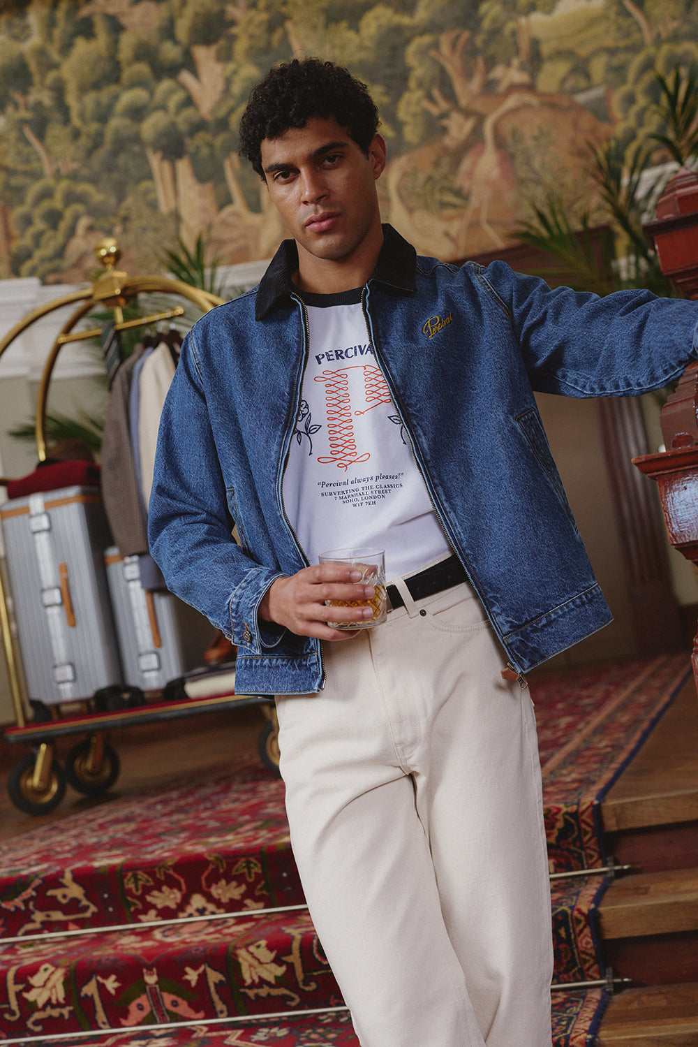 Men's Denim Zip Jacket - Mackey - Mid Wash Blue - Cotton - Percival | Percival Sale