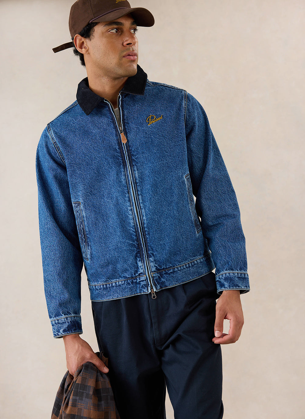 Men's Denim Zip Jacket - Mackey - Mid Wash Blue - Cotton - Percival | Percival Sale