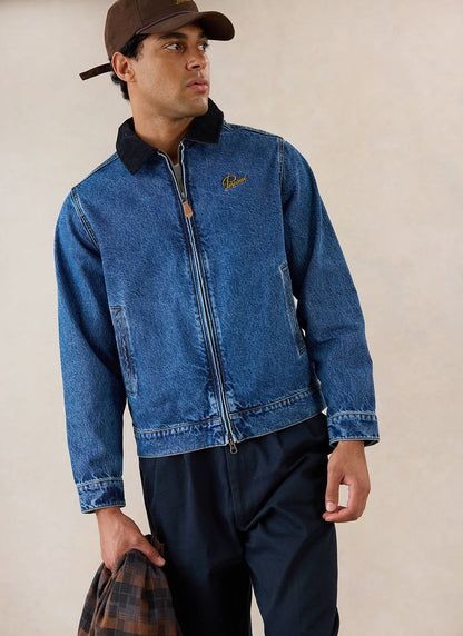 Men's Denim Zip Jacket - Mackey - Mid Wash Blue - Cotton - Percival | Percival Sale