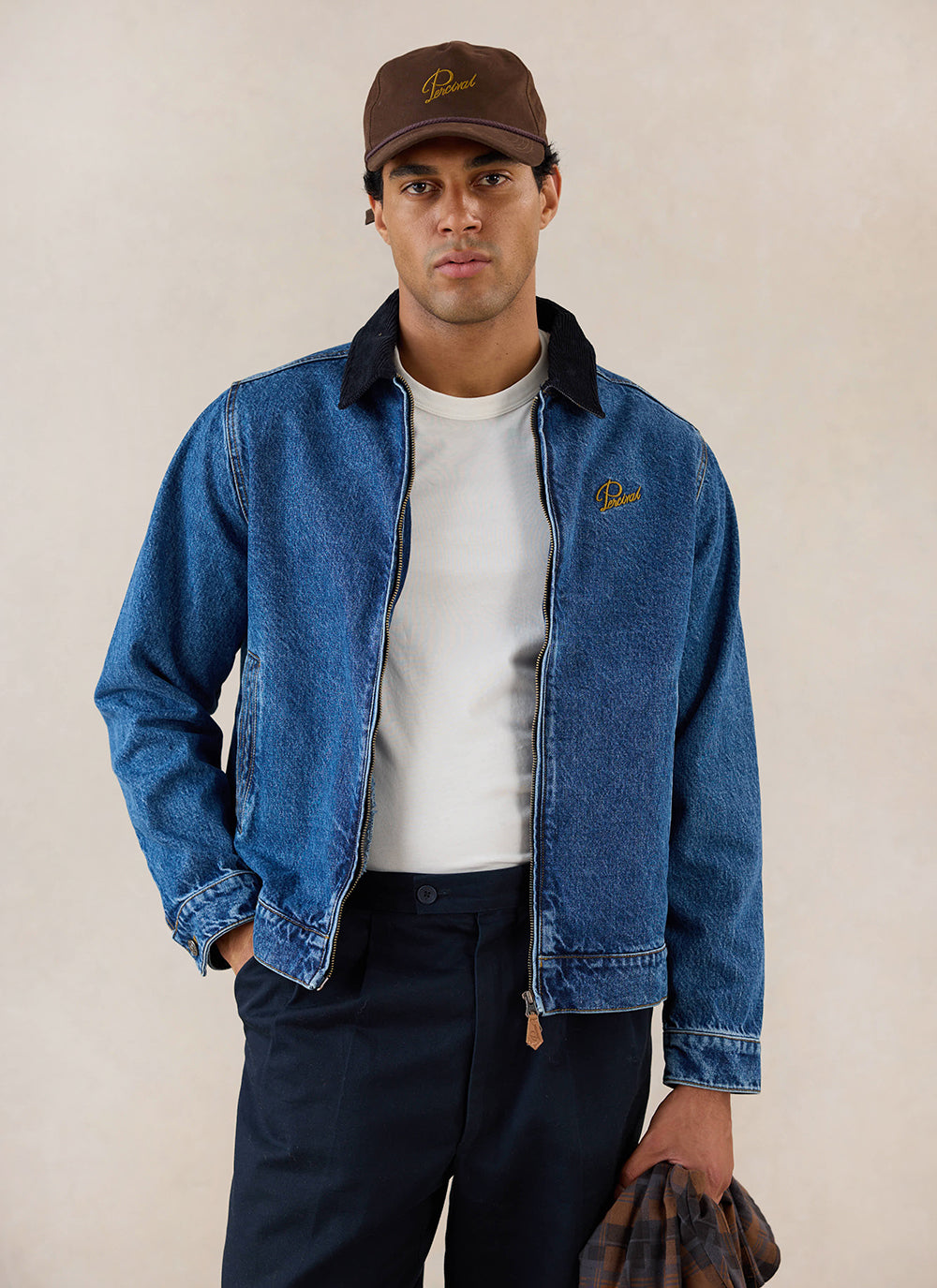 Men's Denim Zip Jacket - Mackey - Mid Wash Blue - Cotton - Percival | Percival Sale