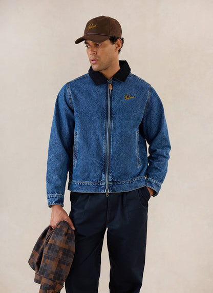 Men's Denim Zip Jacket - Mackey - Mid Wash Blue - Cotton - Percival | Percival Sale