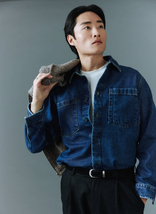 Men's Denim Overshirt - Cotton - Mid Wash Blue | Percival Deals