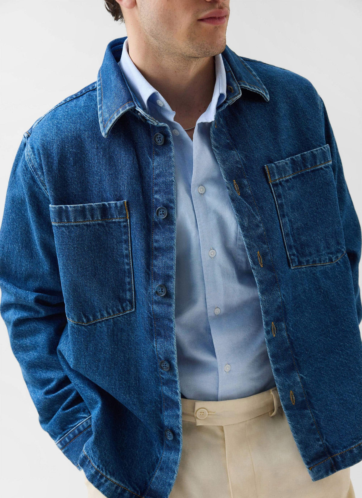 Men's Denim Overshirt - Cotton - Mid Wash Blue | Percival Deals