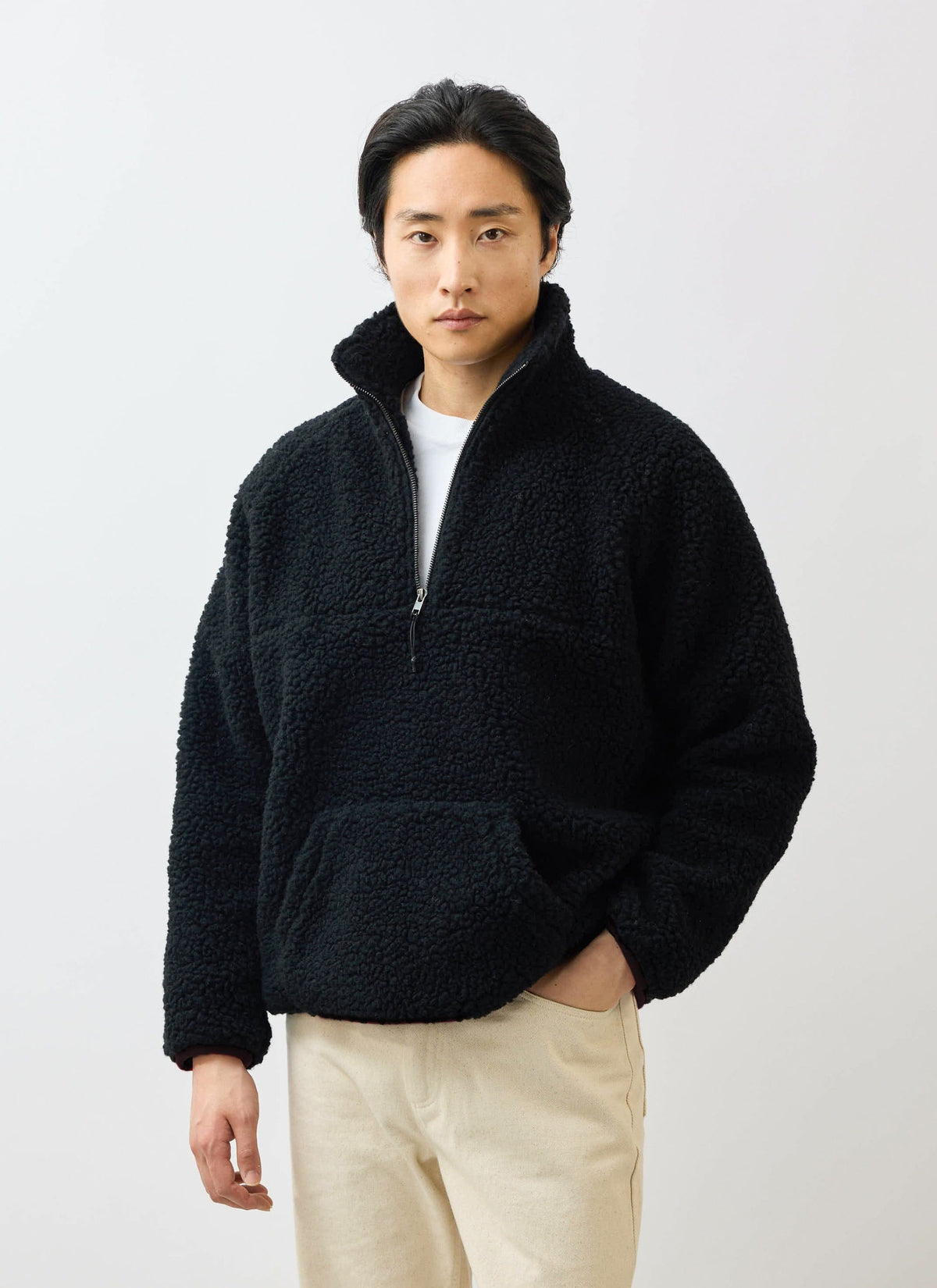 Men’s Fleece Jacket - Quarter Zip Pullover - Wool - Black | Percival Signature