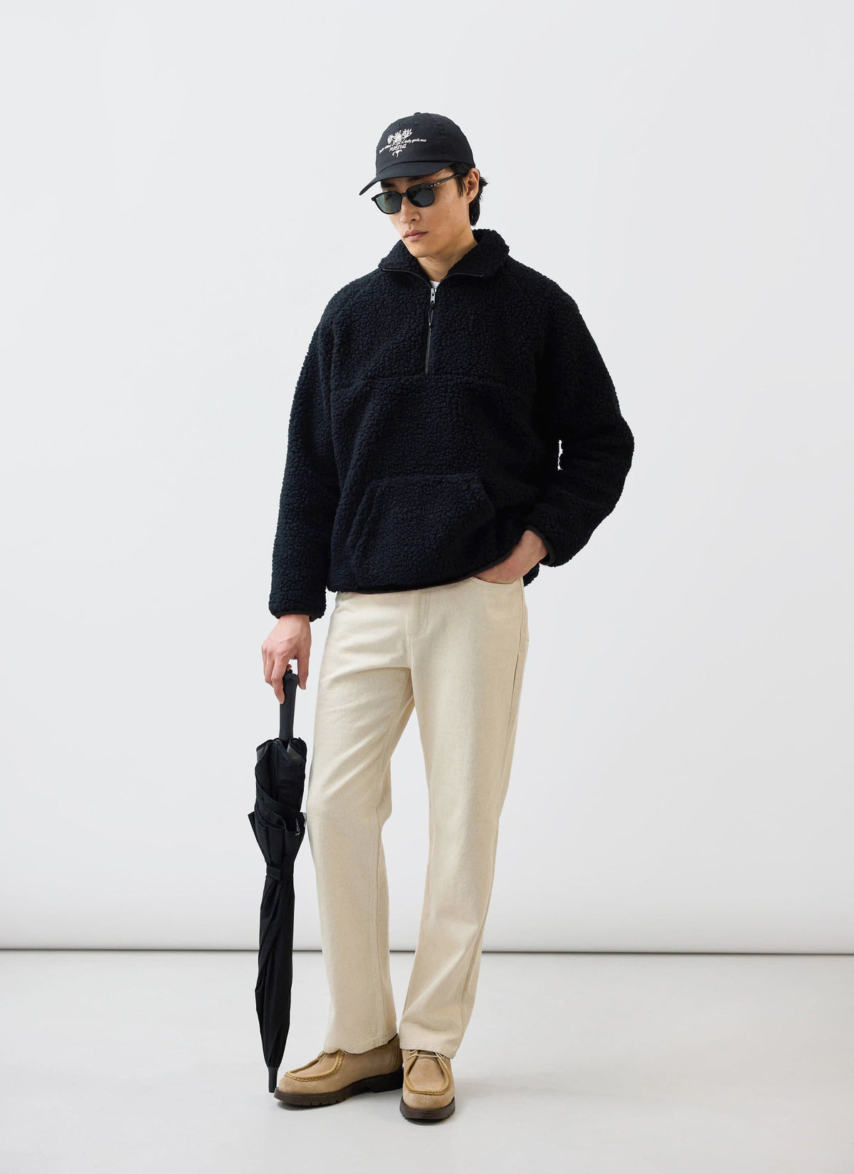 Men’s Fleece Jacket - Quarter Zip Pullover - Wool - Black | Percival Signature