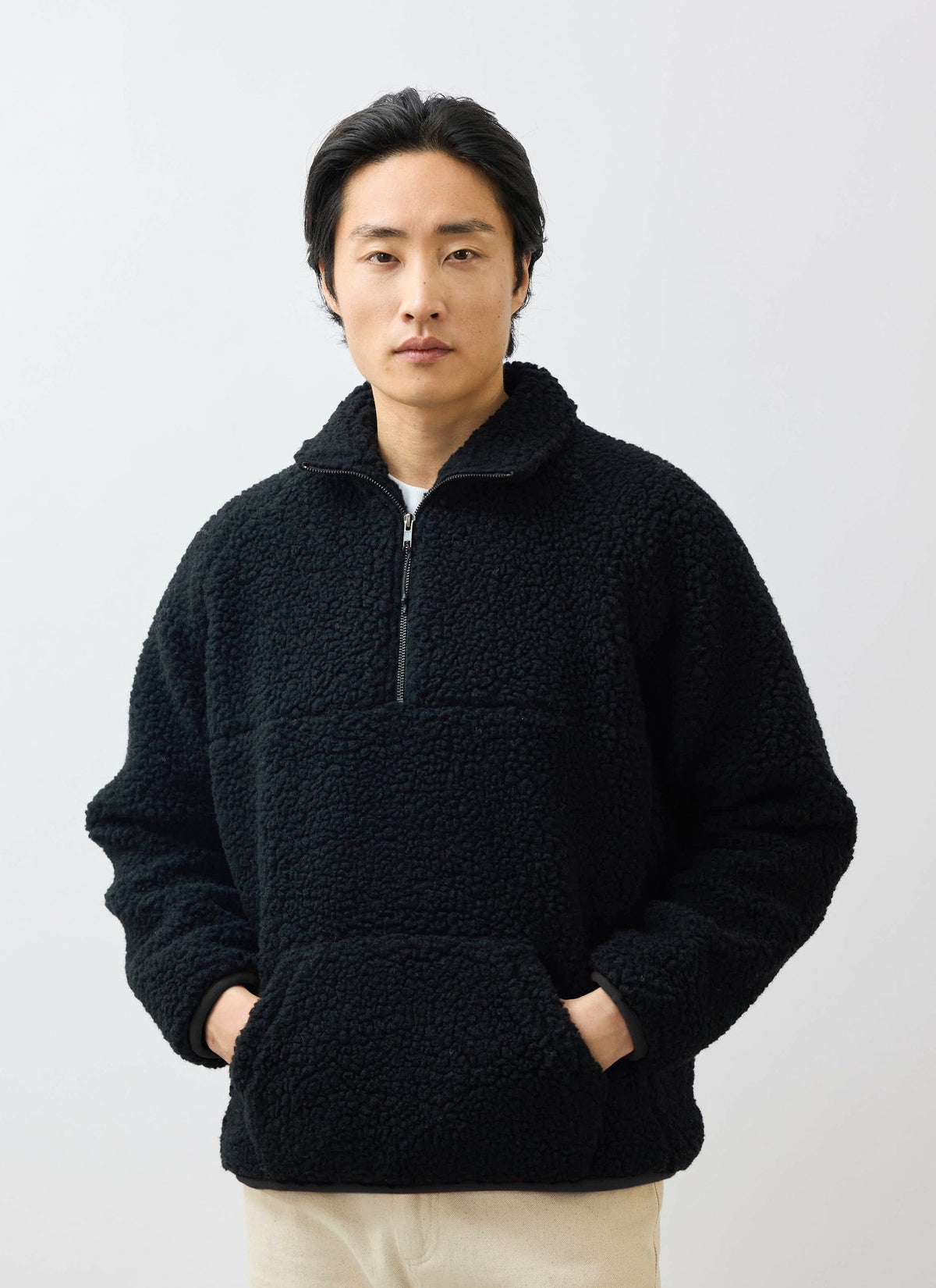 Men’s Fleece Jacket - Quarter Zip Pullover - Wool - Black | Percival Signature