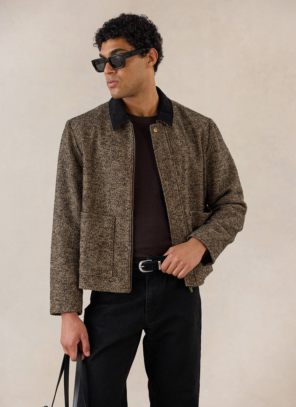 Men's Cropped Jacket - Herringbone Wool - Brown - Percival | Percival Smart Buy