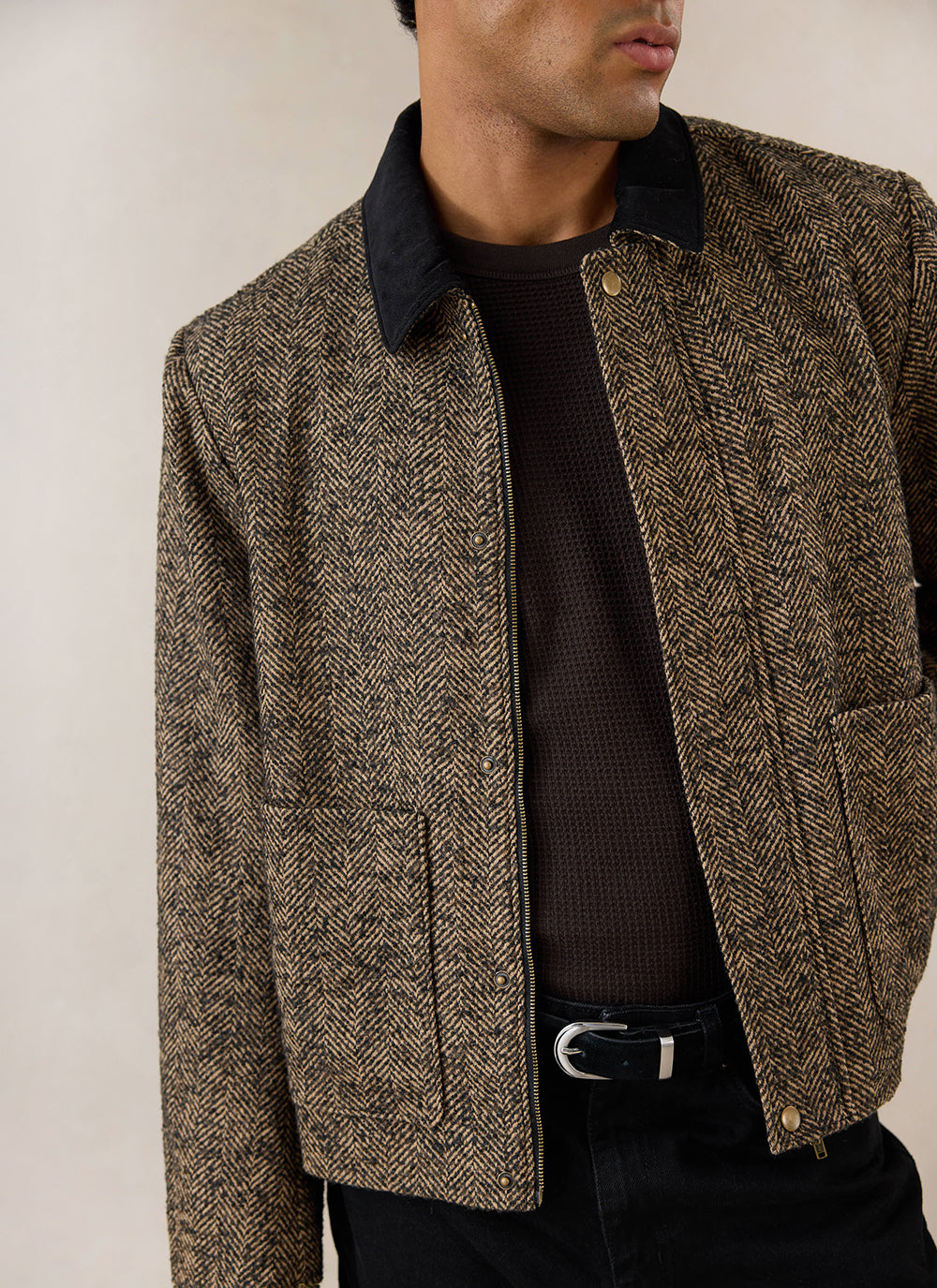 Men's Cropped Jacket - Herringbone Wool - Brown - Percival | Percival Smart Buy