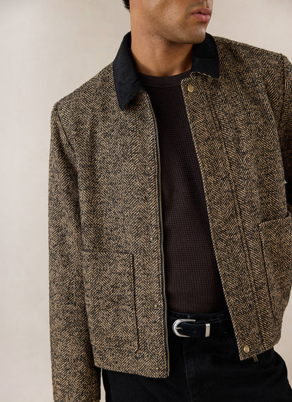 Men's Cropped Jacket - Herringbone Wool - Brown - Percival | Percival Smart Buy