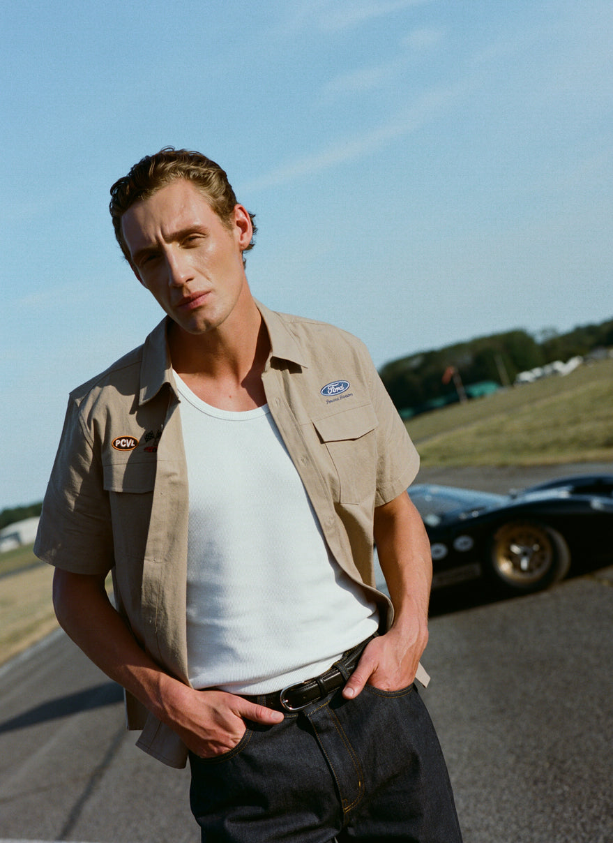 Men's Embroidered Mechanic Shirt - Cotton - Beige - Ford x Percival | Percival Best Seller