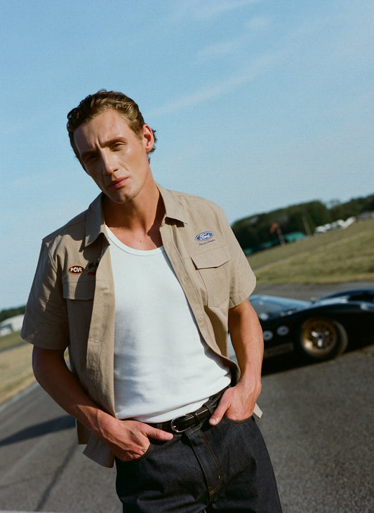 Men's Embroidered Mechanic Shirt - Cotton - Beige - Ford x Percival | Percival Best Seller
