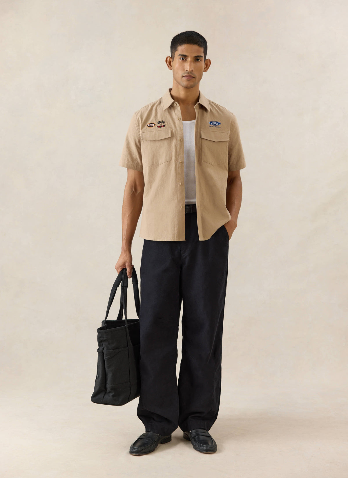 Men's Embroidered Mechanic Shirt - Cotton - Beige - Ford x Percival | Percival Best Seller