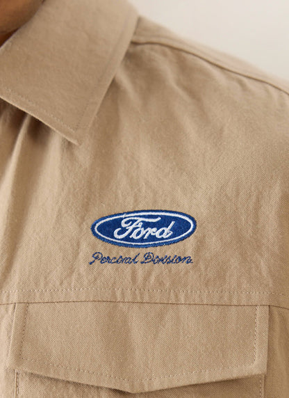 Men's Embroidered Mechanic Shirt - Cotton - Beige - Ford x Percival | Percival Best Seller