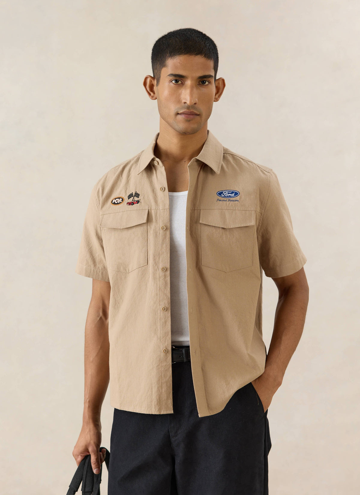 Men's Embroidered Mechanic Shirt - Cotton - Beige - Ford x Percival | Percival Best Seller
