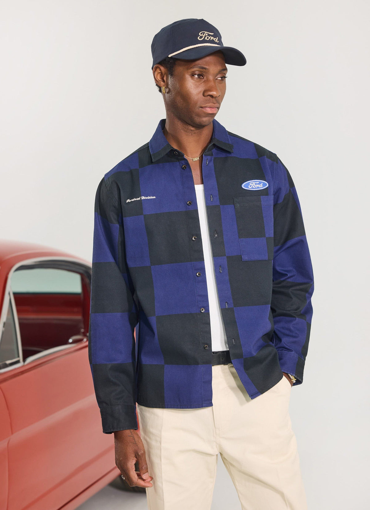 Men's Checkerboard Overshirt - Percival x Ford - Navy Blue | Percival Special Offer