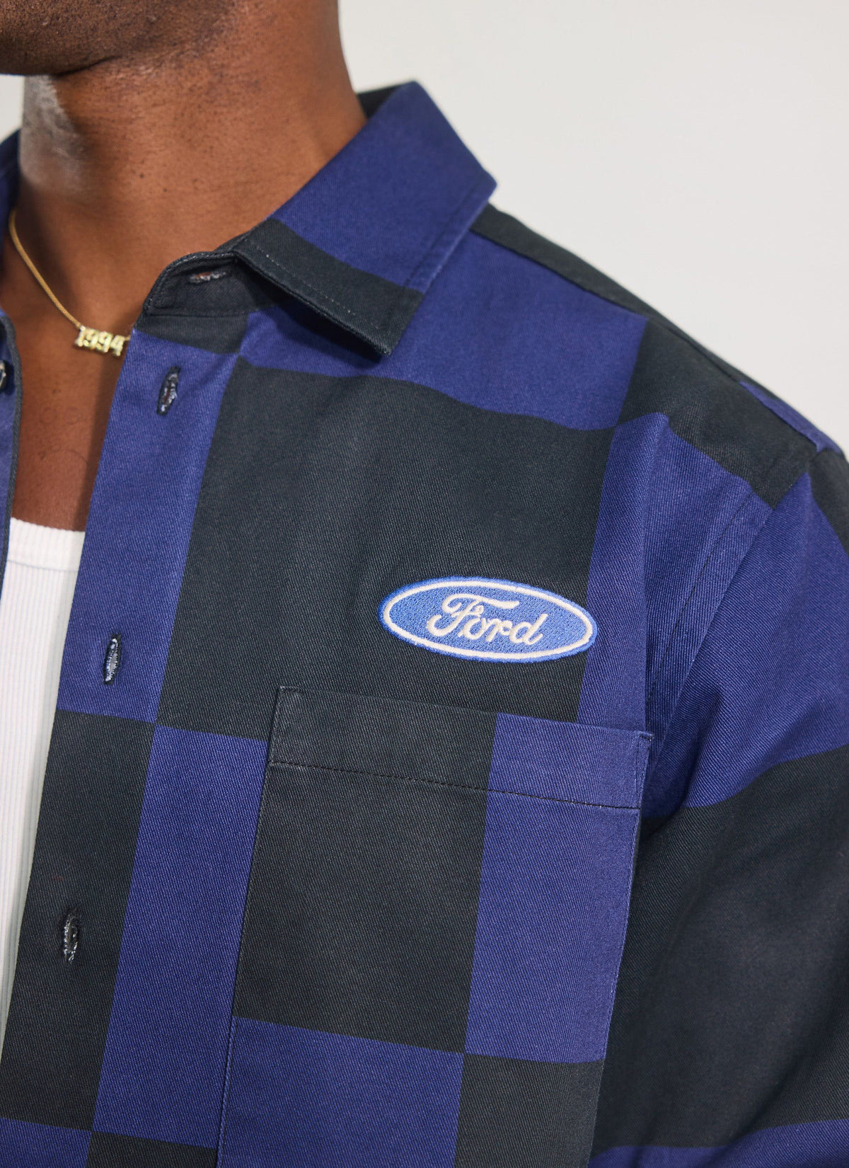 Men's Checkerboard Overshirt - Percival x Ford - Navy Blue | Percival Special Offer