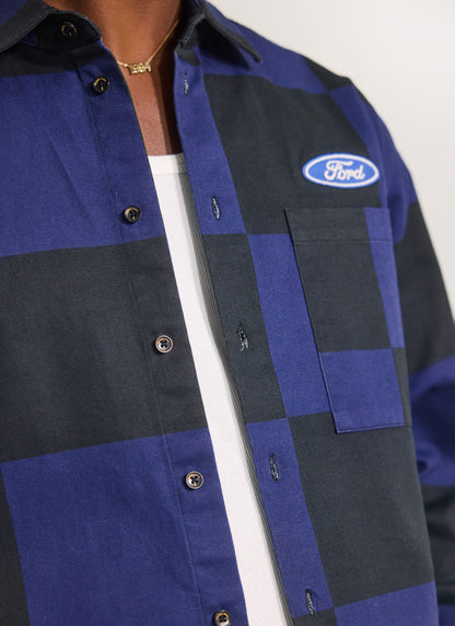 Men's Checkerboard Overshirt - Percival x Ford - Navy Blue | Percival Special Offer