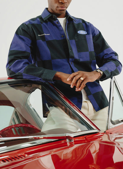 Men's Checkerboard Overshirt - Percival x Ford - Navy Blue | Percival Special Offer