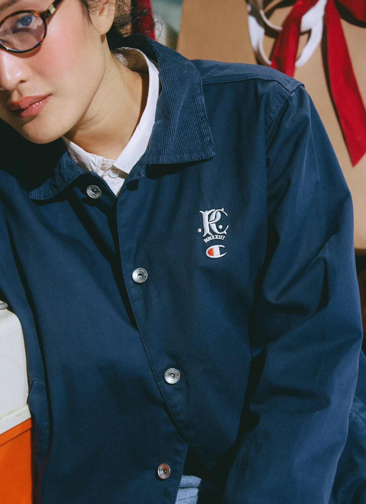 Men's Overshirt Jacket: Cord Collar - Cotton - Navy Blue - Champion x Percival | Percival Signature