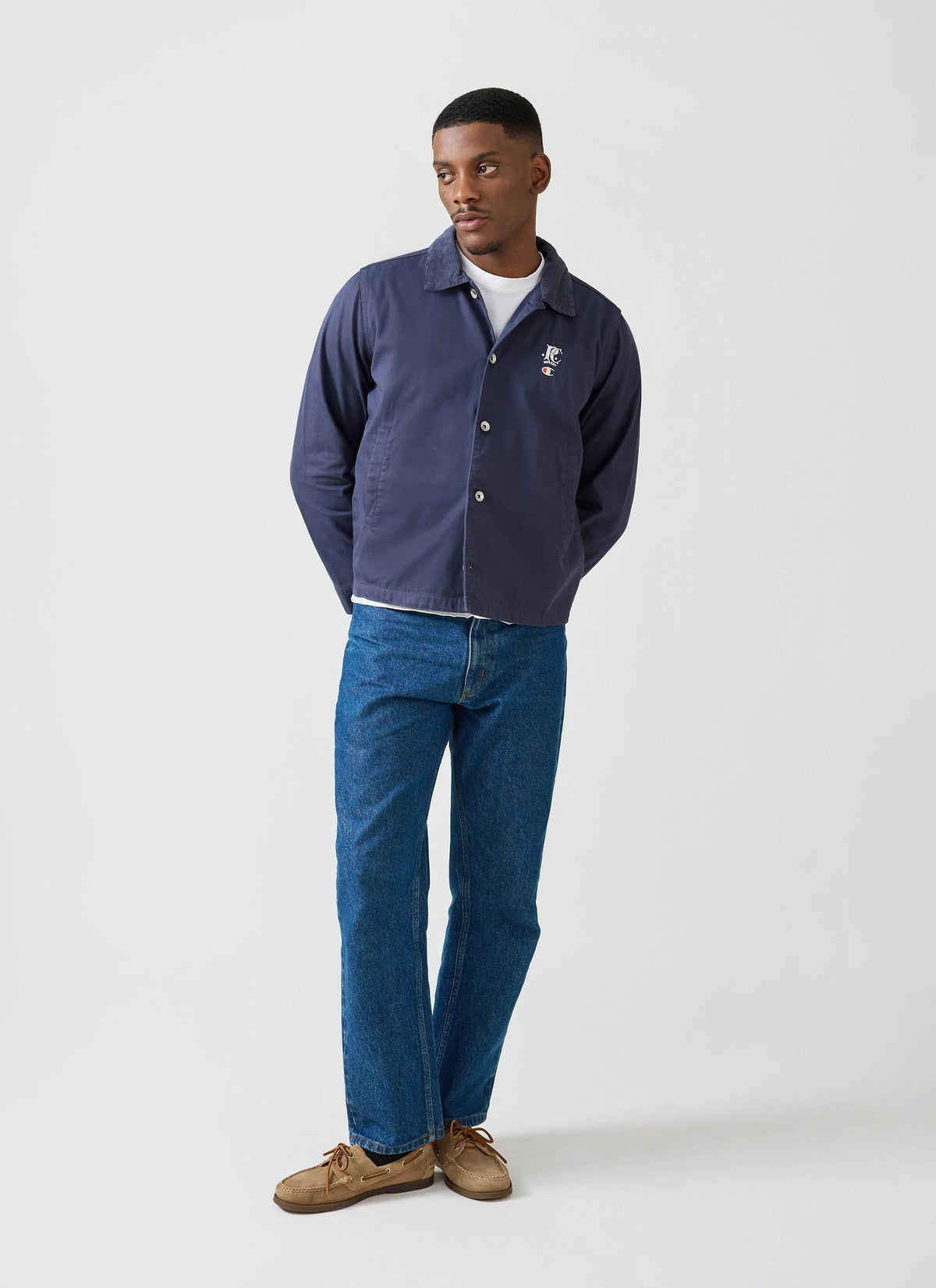 Men's Overshirt Jacket: Cord Collar - Cotton - Navy Blue - Champion x Percival | Percival Signature