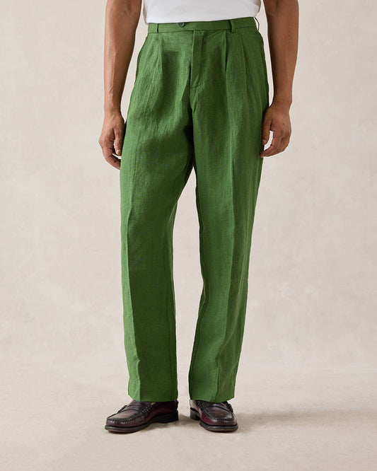 Men's Pleated Suit Trousers - Linen - Forest Green | Percival Deals