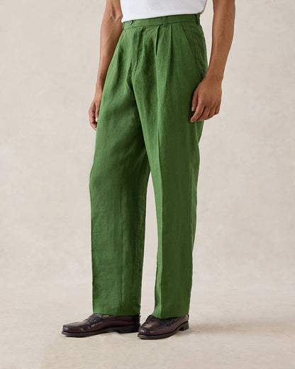 Men's Pleated Suit Trousers - Linen - Forest Green | Percival Deals
