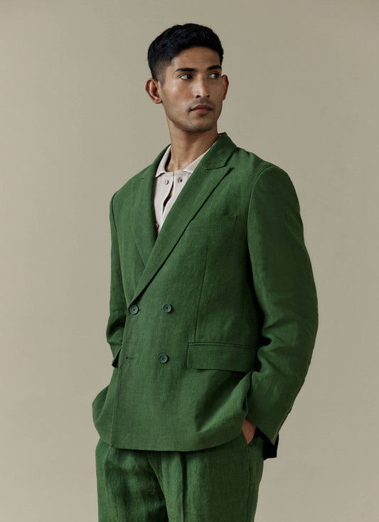 Men's Clifton Linen Double-Breasted Blazer - Forest Green | Percival Customer Favorite