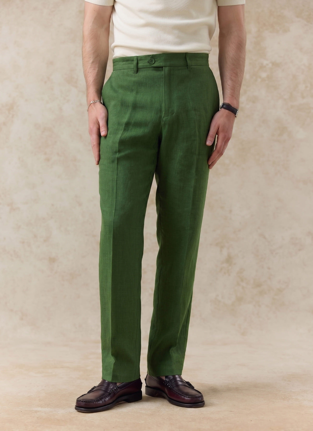 Men's Tailored Linen Trousers - Straight Leg - Forest Green | Percival Smart Buy
