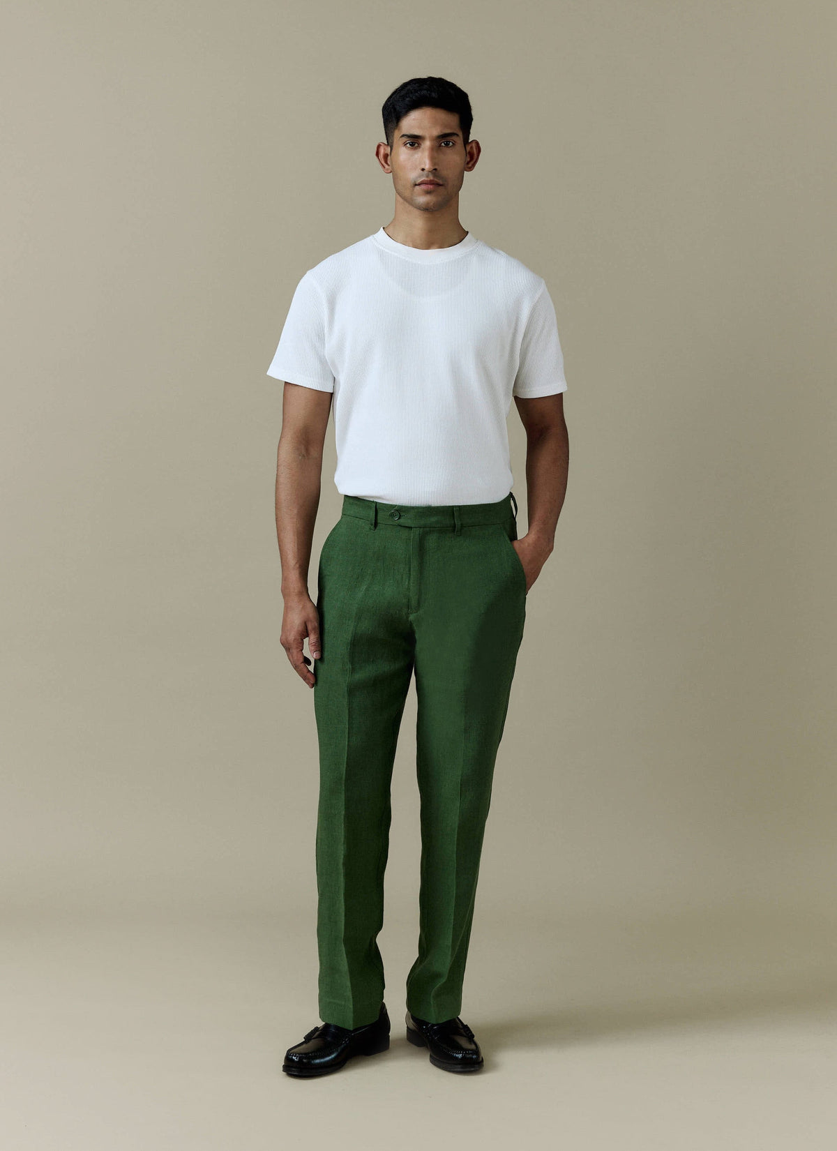 Men's Tailored Linen Trousers - Straight Leg - Forest Green | Percival Smart Buy
